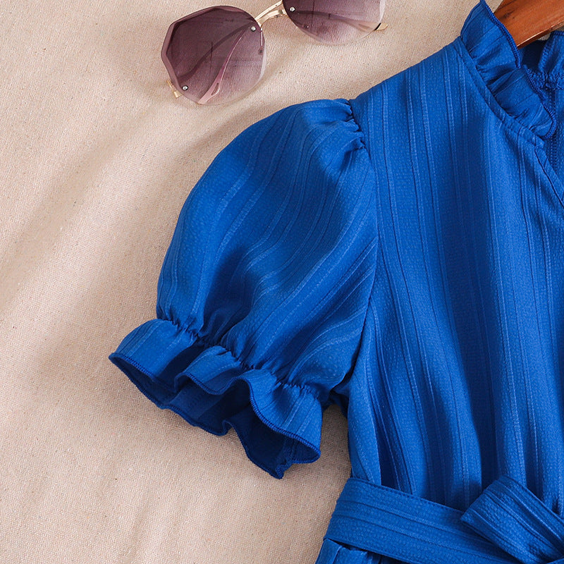 Girls' V-neck Puff Sleeve Lace-up Dress