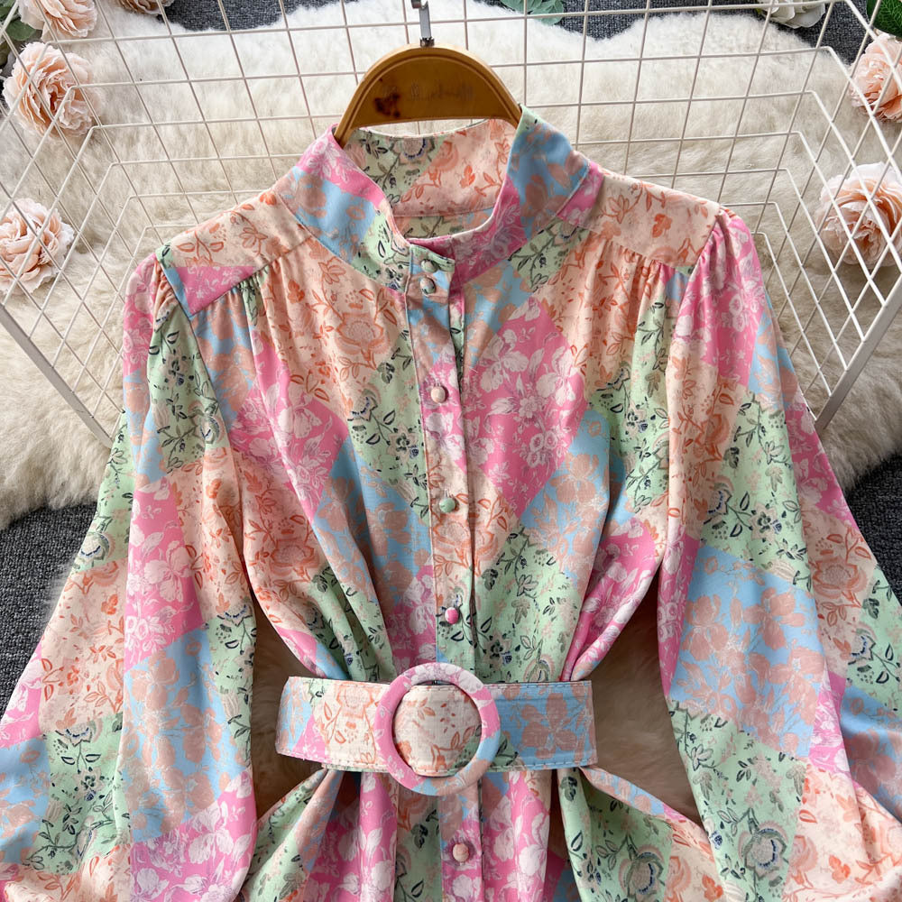French Retro Printed Pleated Waist Tight Puff Sleeve Midi Dress