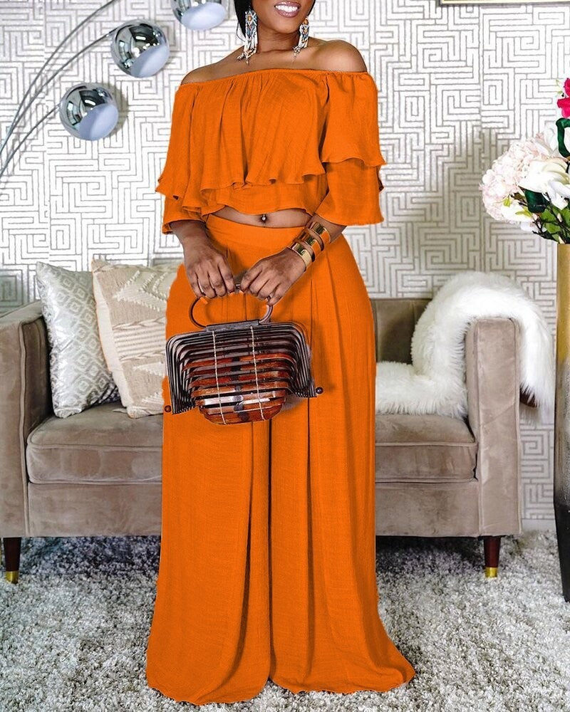Women's Fashionable Off-neck Ruffle Top Wide-leg Pants Suit