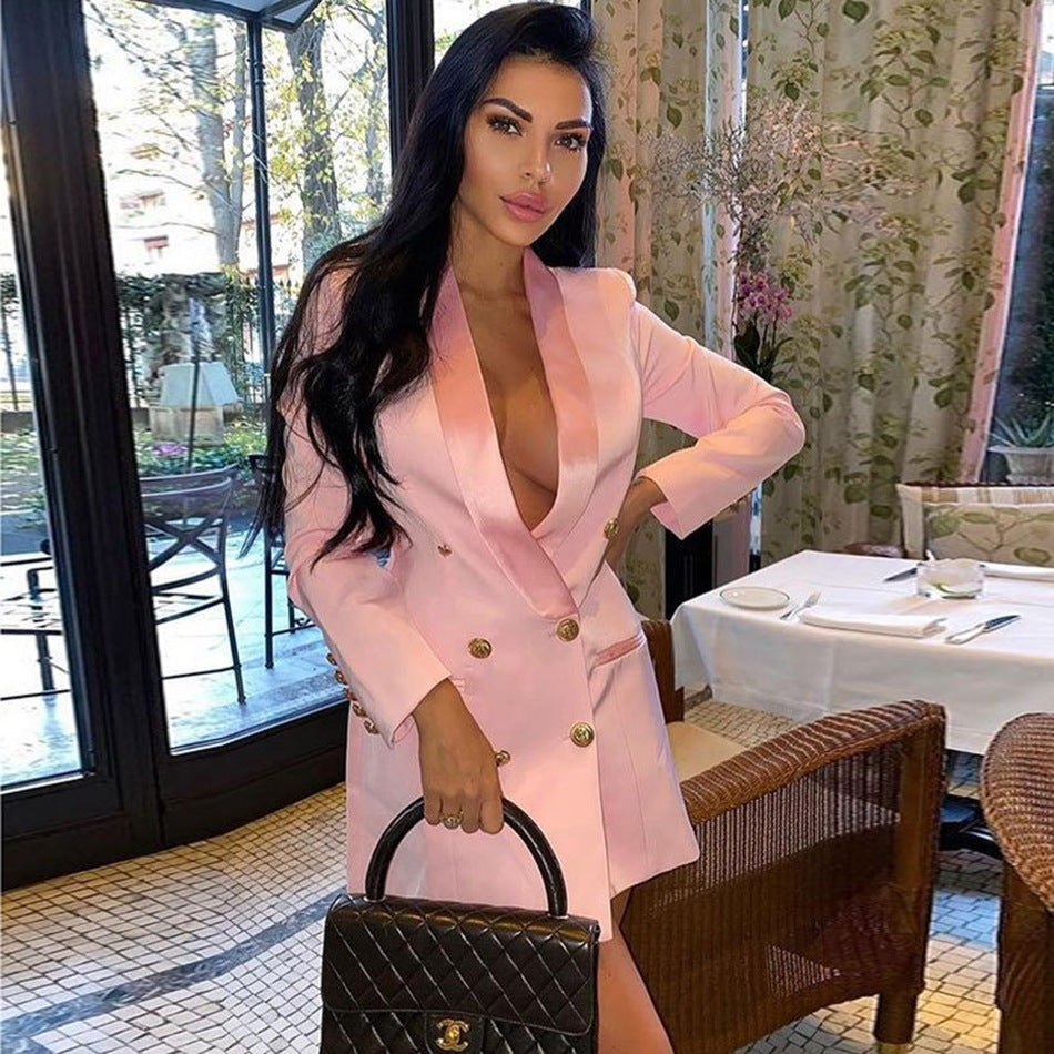 Long Sleeve Deep V-neck Elegant Suit Double Breasted Thickened Shoulder Blazer
