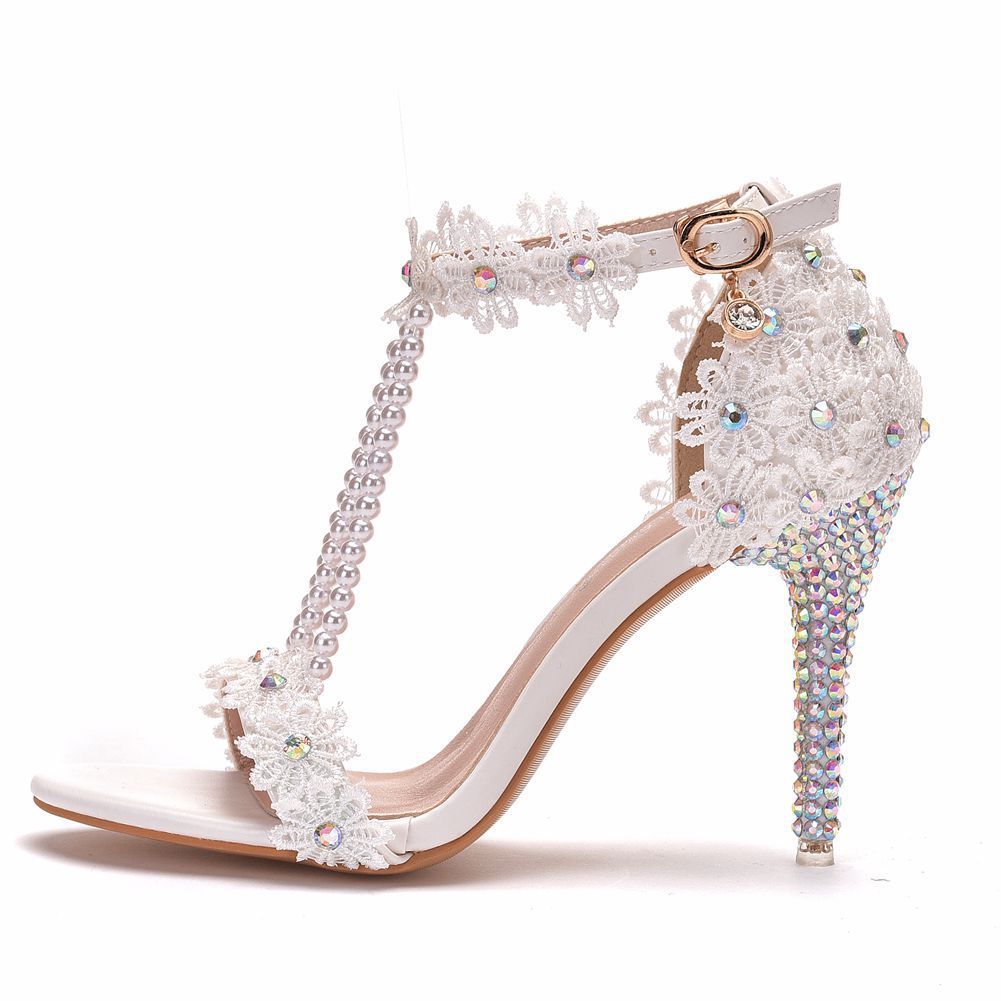 Beaded Lace Floral Rhinestone Slip-On Sandals