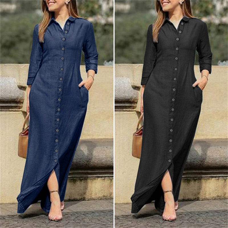 Robe longue en jean pour femme – Décontractée, boutonnée, manches longues, avec poches