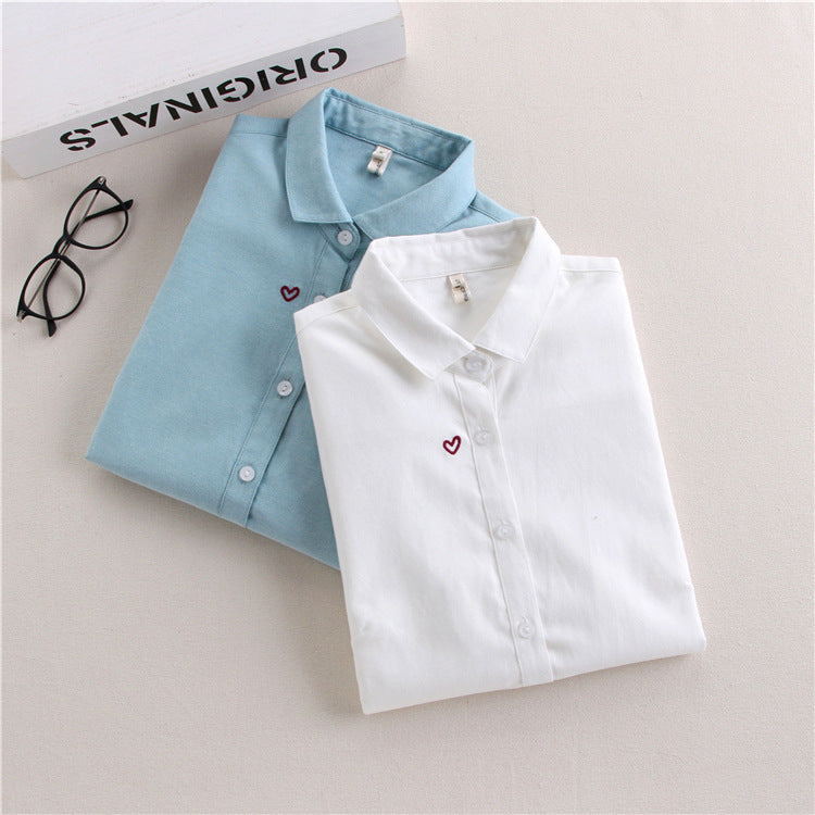 Women's Heart-shaped Embroidered Oxford-woven Bottoming Shirt Top