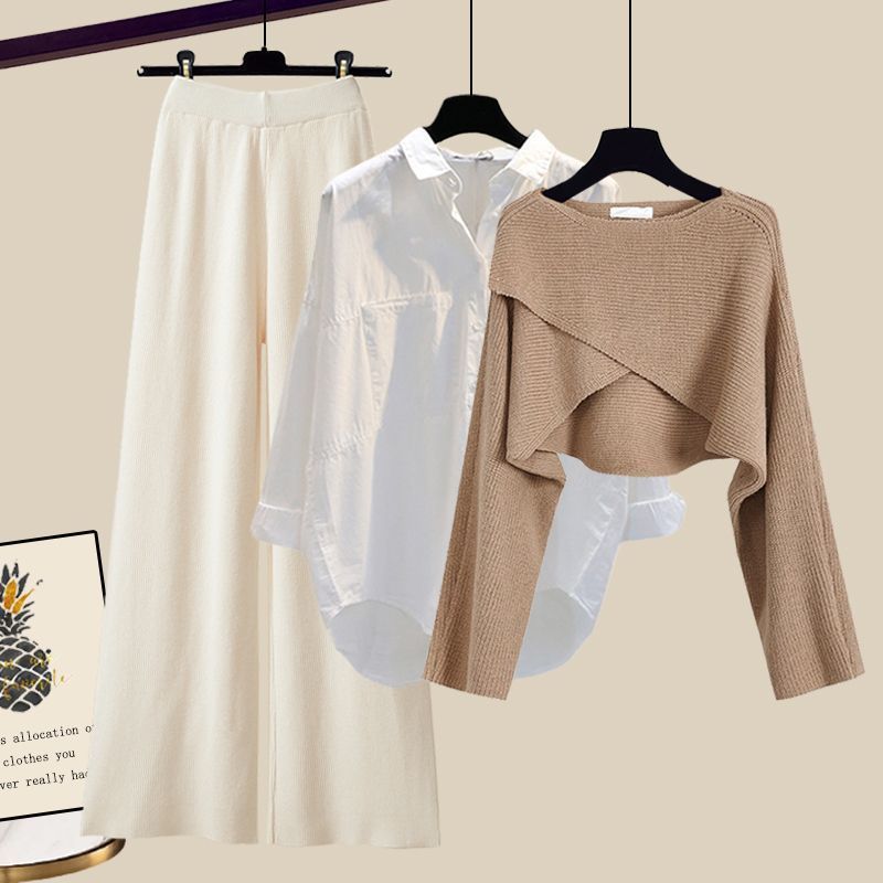 👑 Zeynab– Ensemble 3 Pièces Pull Tricoté, Chemis et Pantalon Large