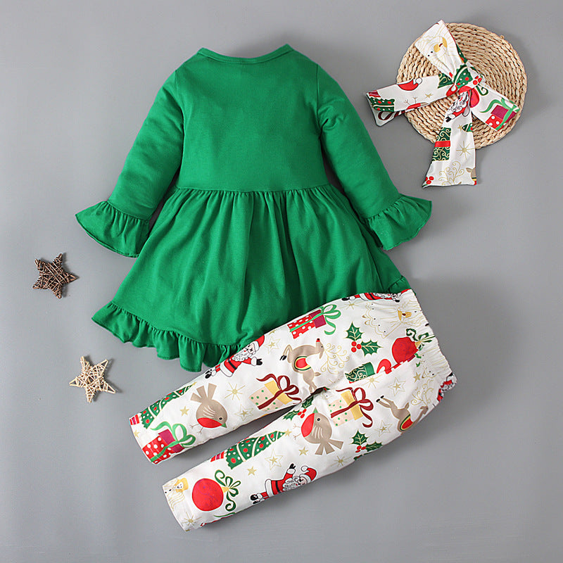 Girls' Long-sleeved Round Neck Cake Dress Christmas Printed Trousers Hair Band 3 Pieces Suit