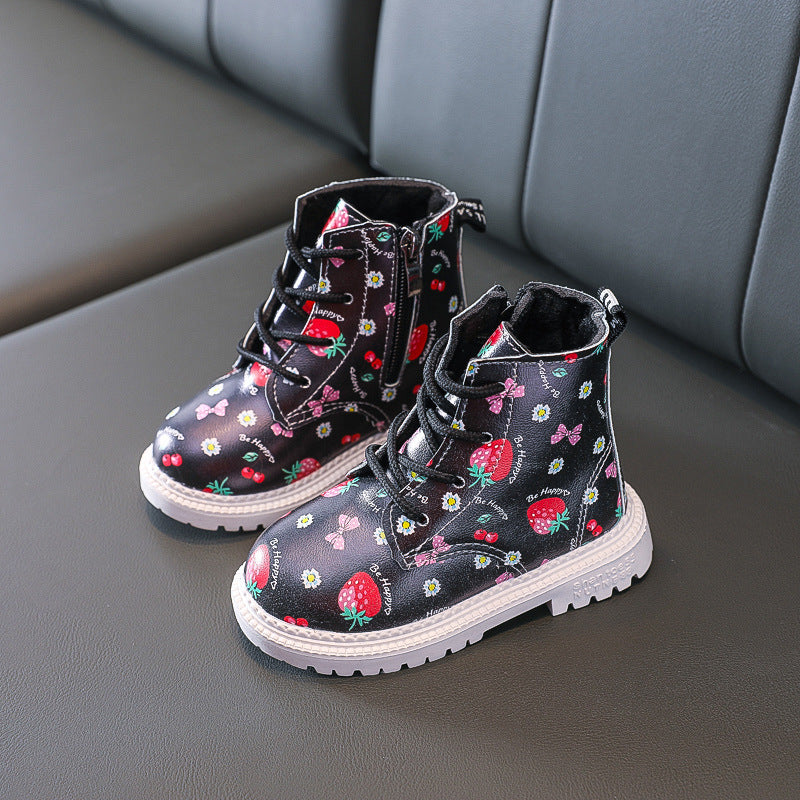 Girls' Martin Boots – Strawberry Print & Warm Lining | Waterproof & Stylish