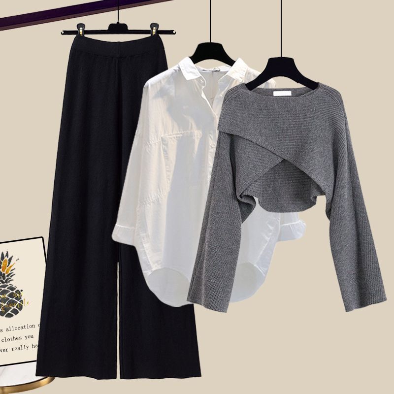 👑 Zeynab– Ensemble 3 Pièces Pull Tricoté, Chemis et Pantalon Large