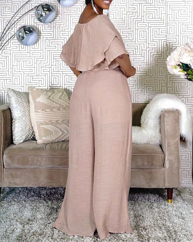 Women's Fashionable Off-neck Ruffle Top Wide-leg Pants Suit