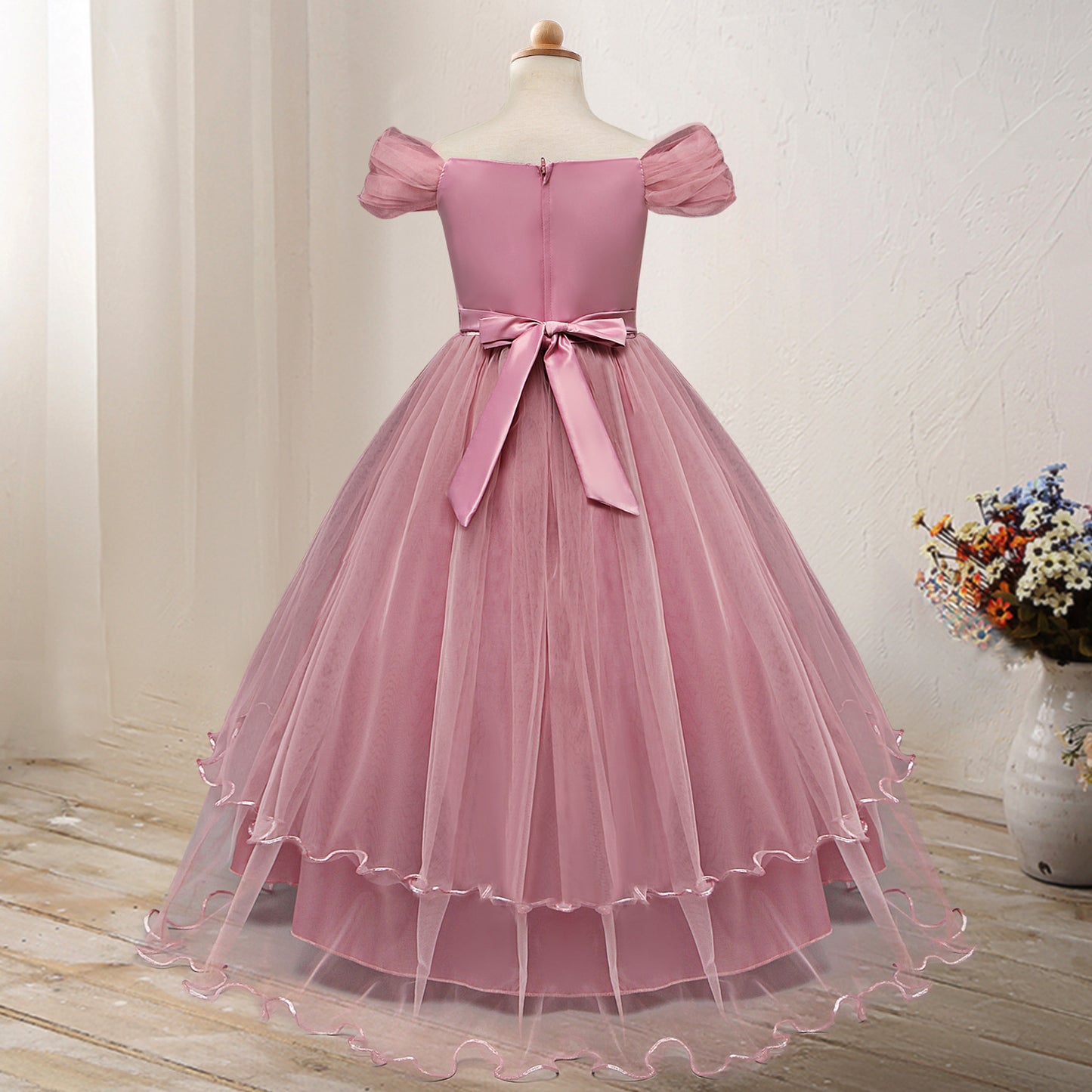 👑 Robe Princesse Épaule Dénudée – Fleur Élégance Fille