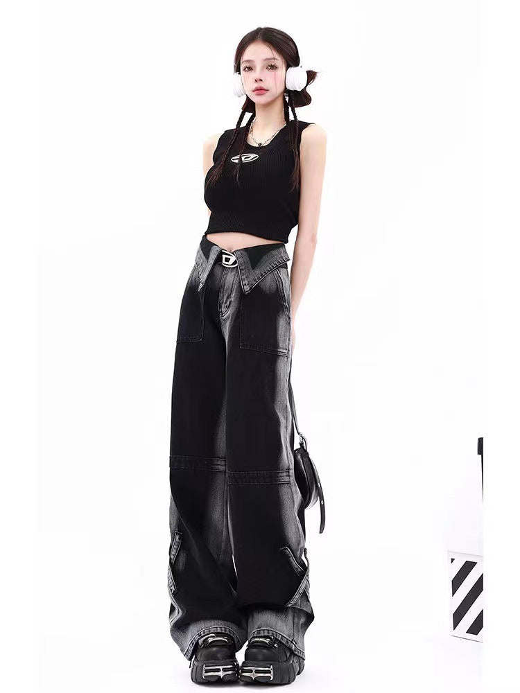 Nafissa – Jean Droit Taille Haute à Revers Dégradés