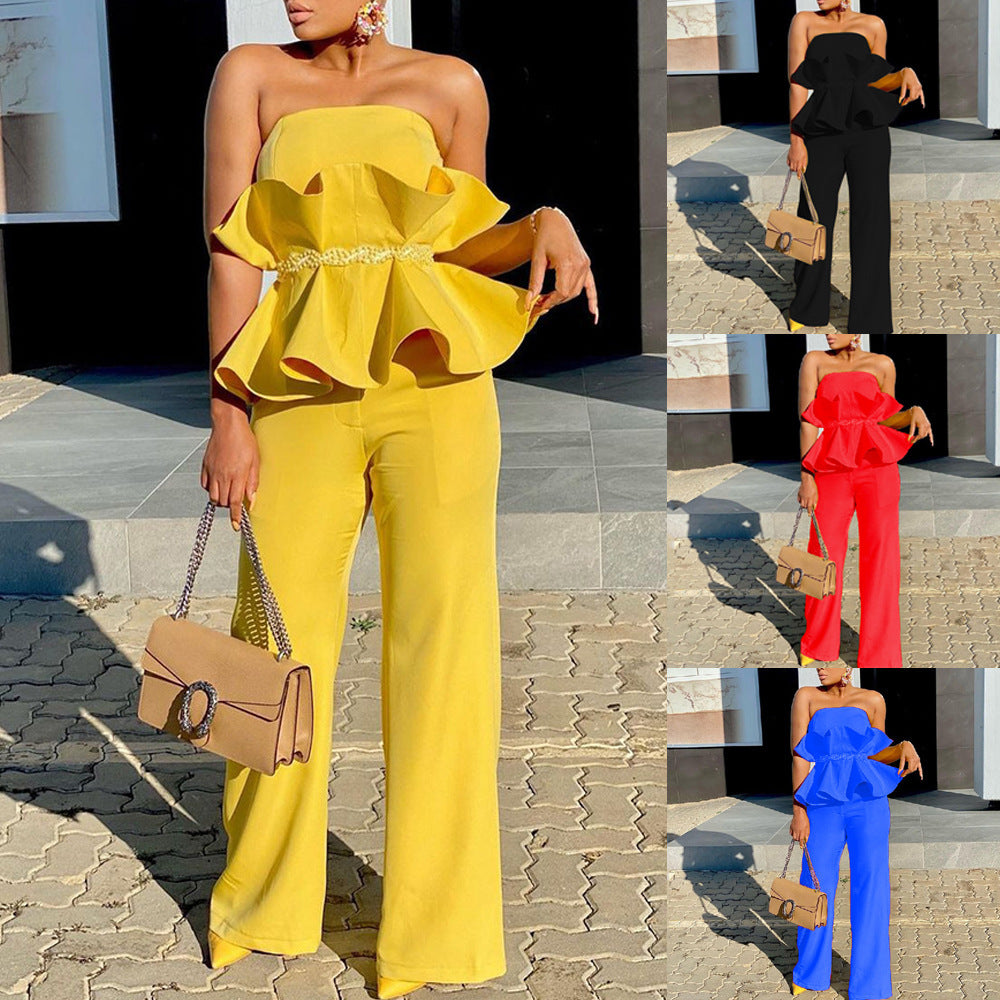 Pure Color Tube-top Wide Leg Pants Ruffled Comfort And Casual Suit