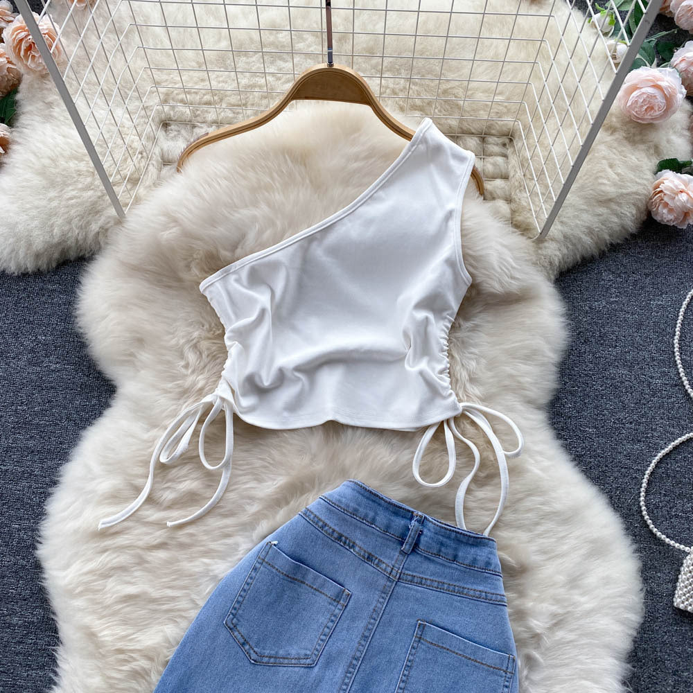 Women's Fashion Pleated Tie Crossbody Vest Irregular Raw Hem Denim Skirt Two-piece Set