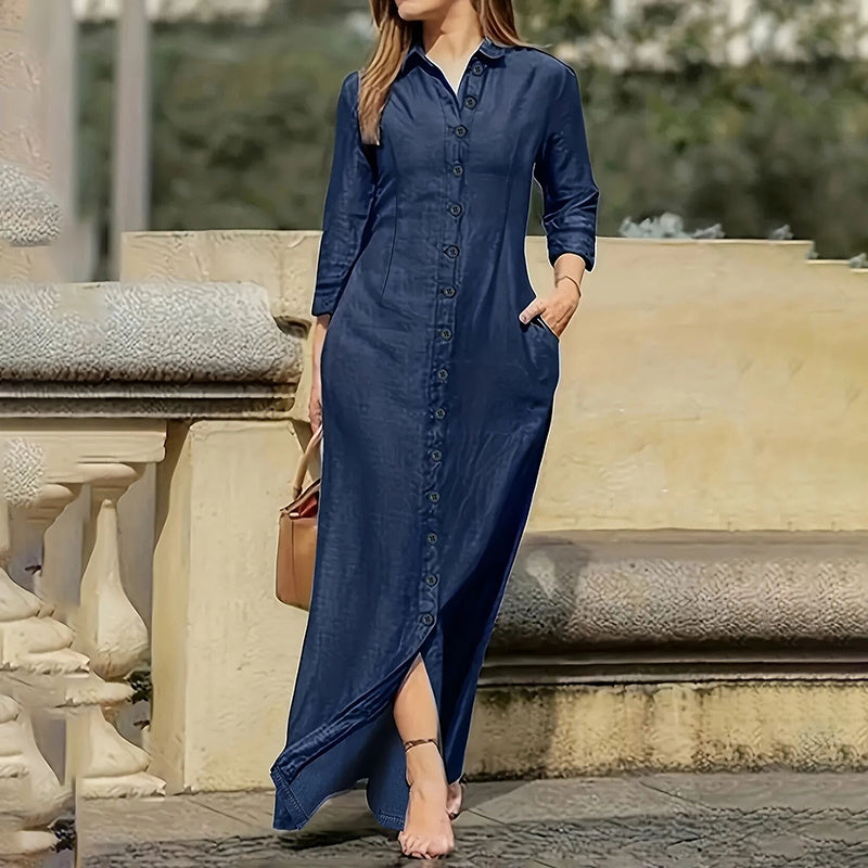 Robe longue en jean pour femme – Décontractée, boutonnée, manches longues, avec poches