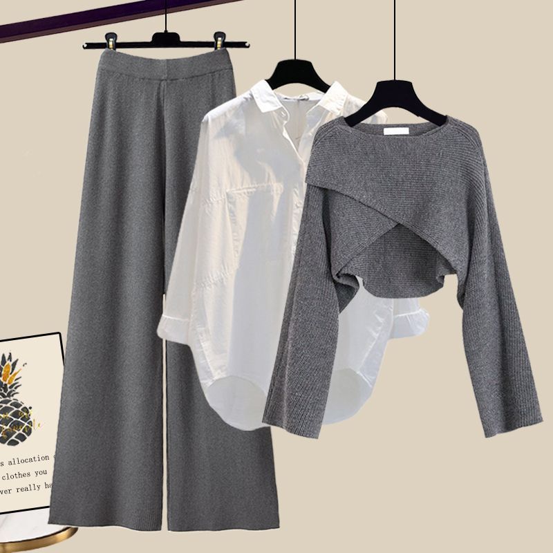 👑 Zeynab– Ensemble 3 Pièces Pull Tricoté, Chemis et Pantalon Large