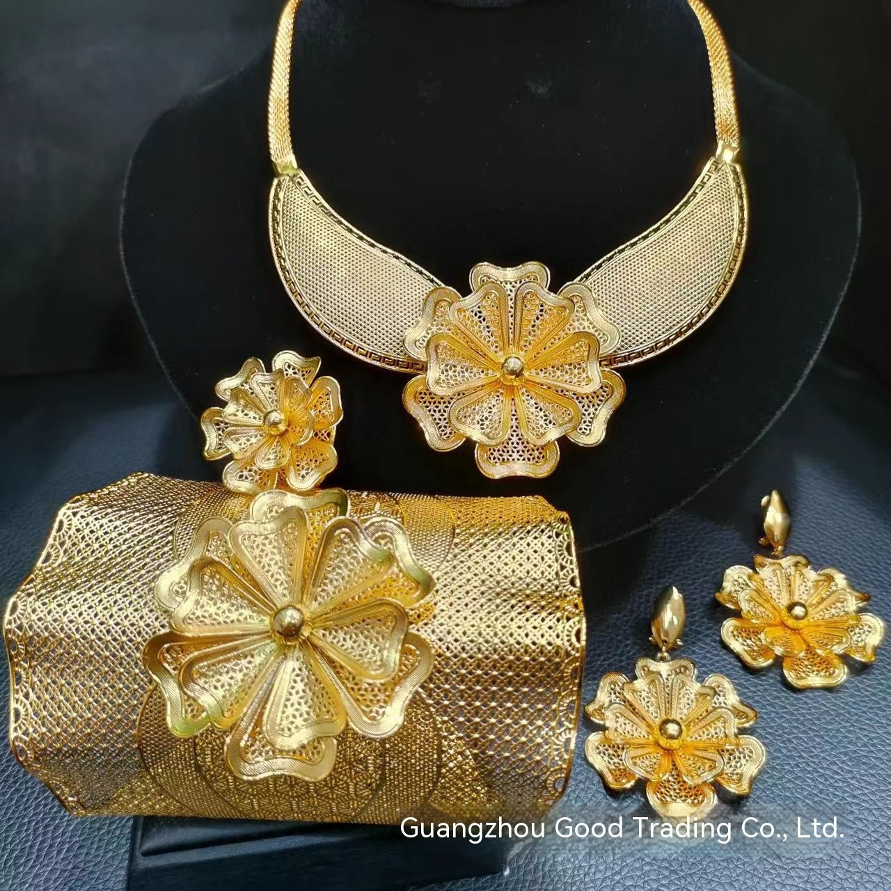 24K Gold Plated Large Flower Hollow Jewelry Suit