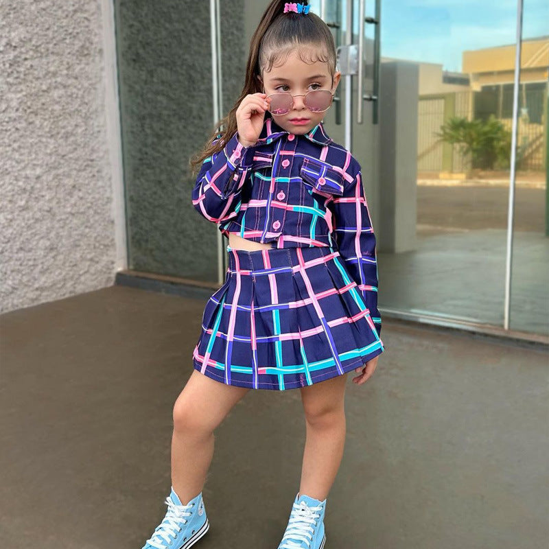Children's Plaid Pleated Skirt Skirt Suit