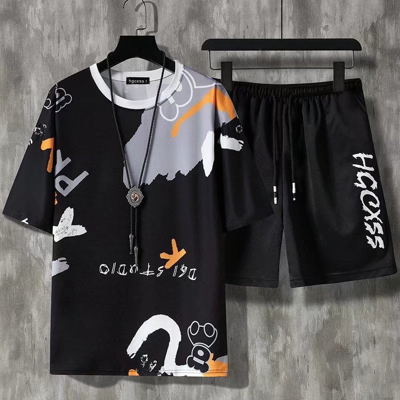 Summer Ice Silk Men's Short Sleeve Shorts Suit