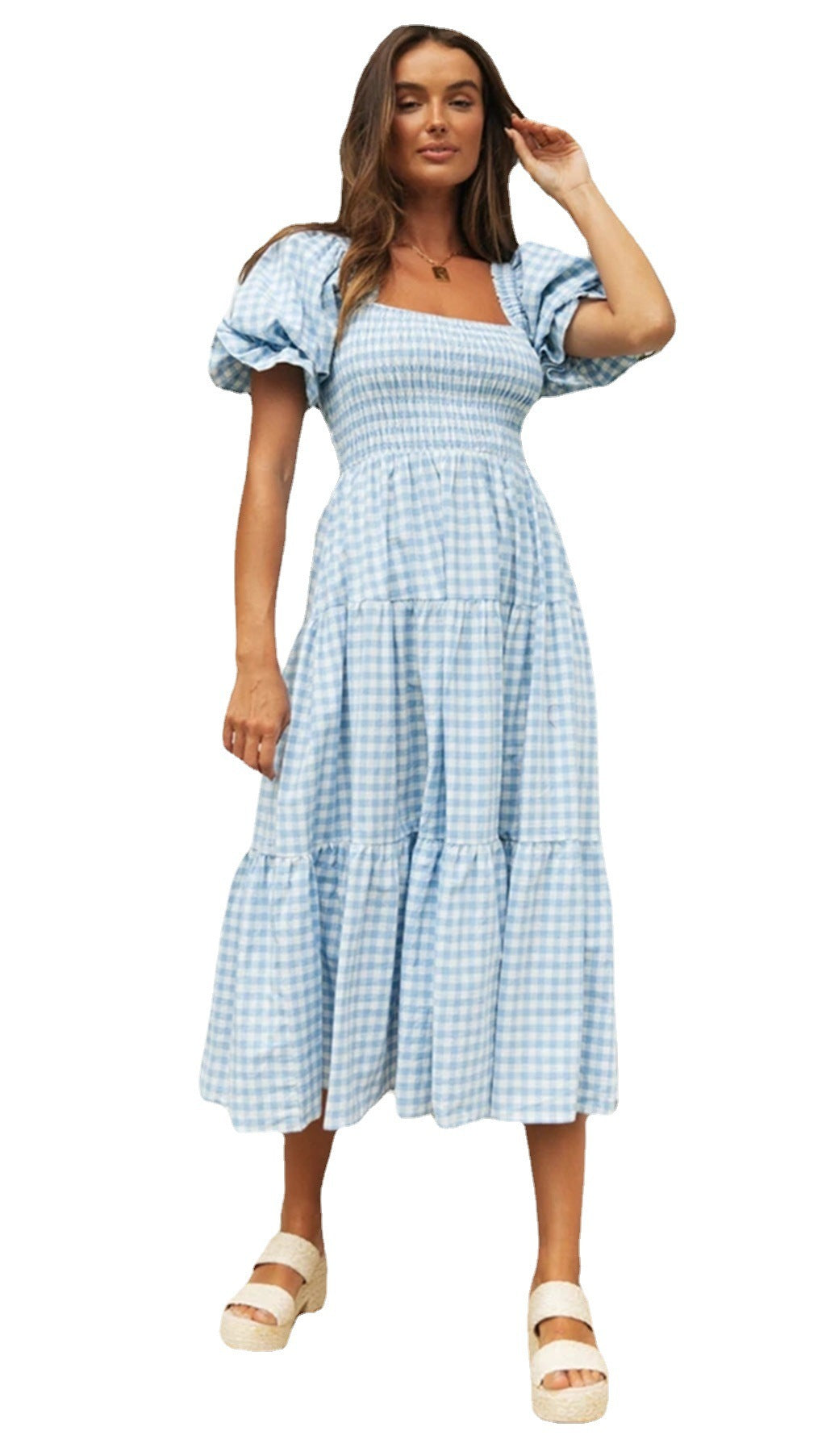 Douce Brise à Carreaux – Manches Bouffantes & Taille Haute