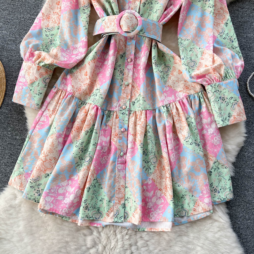 French Retro Printed Pleated Waist Tight Puff Sleeve Midi Dress