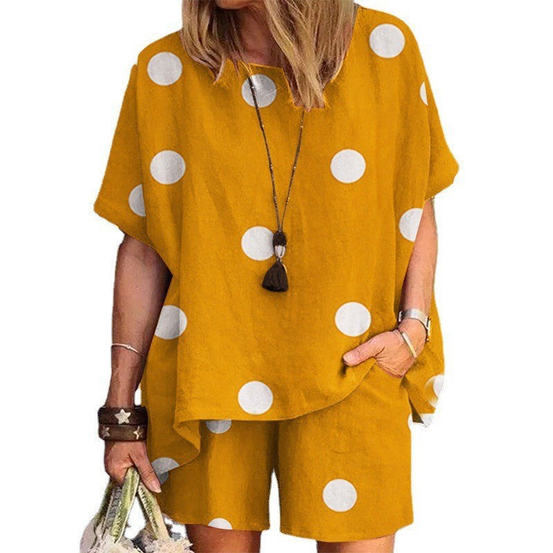 Women's Polka Dot Print Crew Neck Loose Short Sleeve Shorts Set