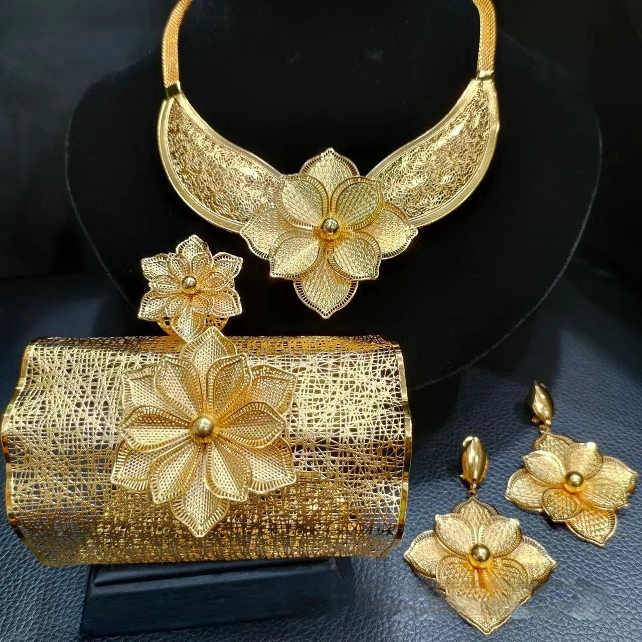 24K Gold Plated Large Flower Hollow Jewelry Suit