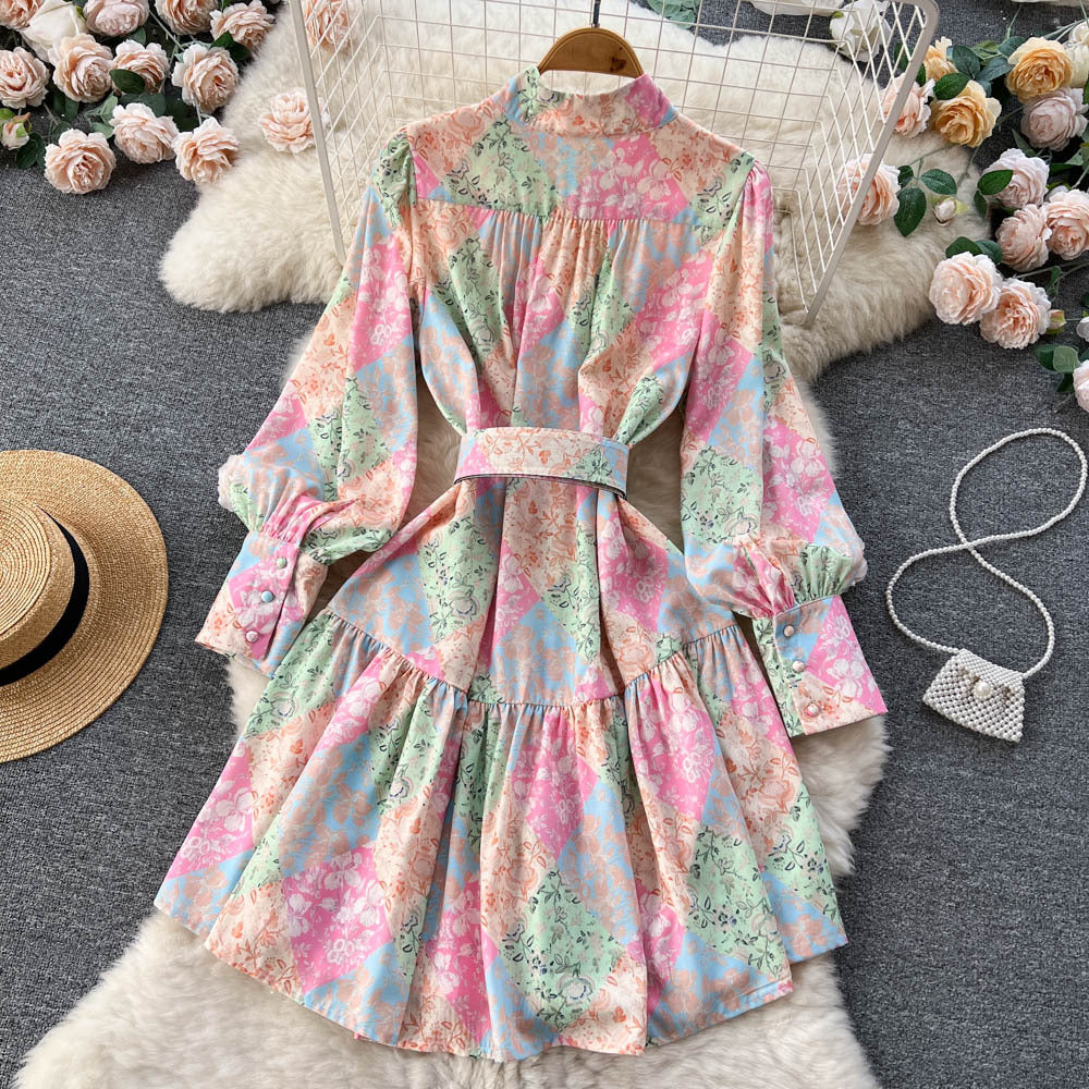 French Retro Printed Pleated Waist Tight Puff Sleeve Midi Dress