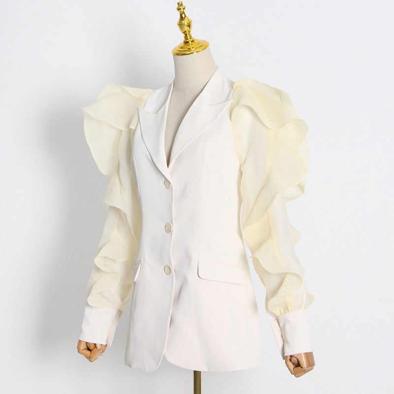 Personality Lapel Gauze Stitching Puff Sleeves High-quality Slim Suit Jacket
