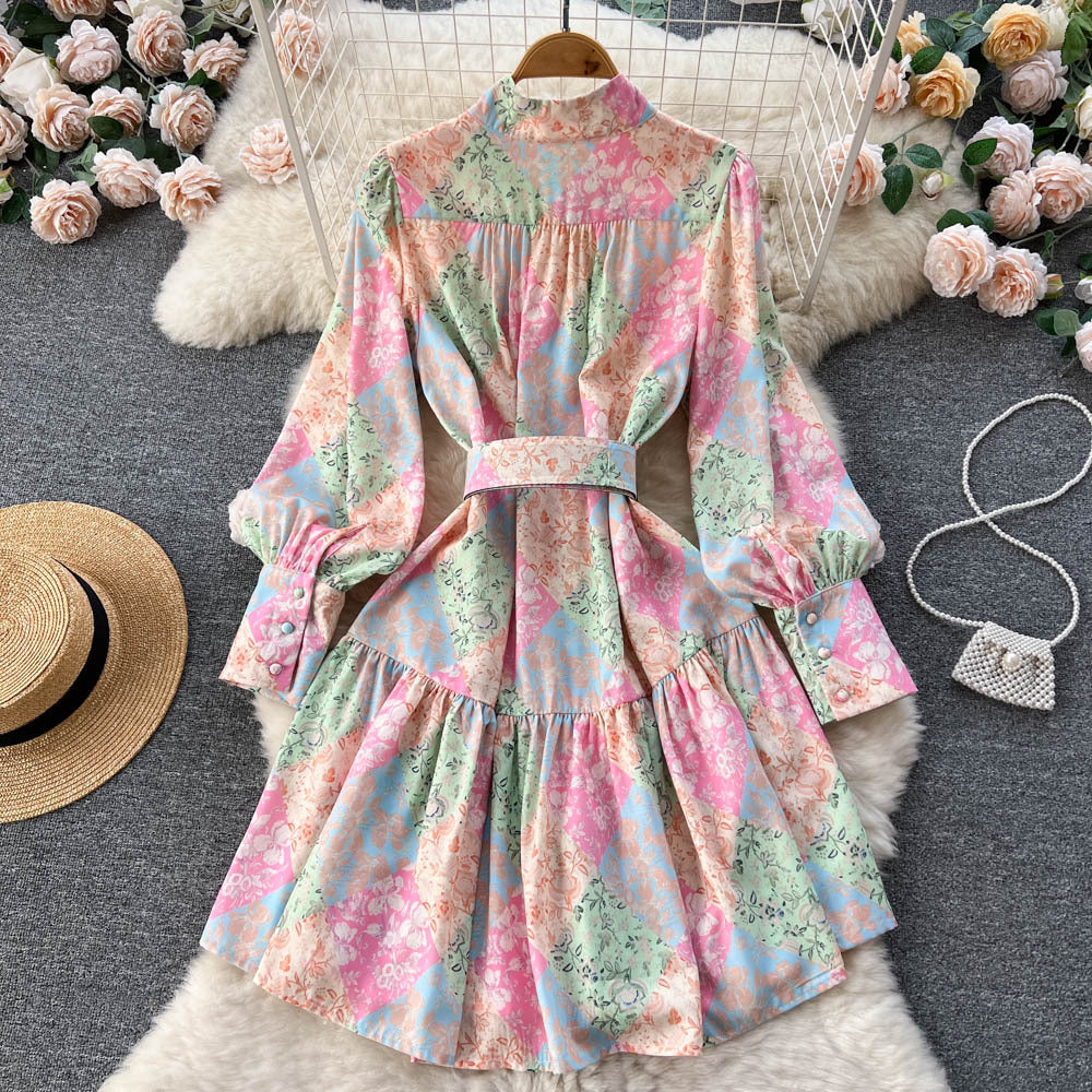 French Retro Printed Pleated Waist Tight Puff Sleeve Midi Dress