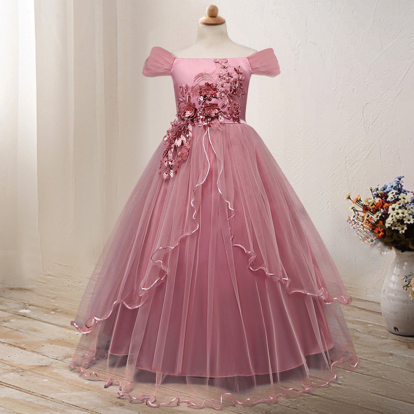 👑 Robe Princesse Épaule Dénudée – Fleur Élégance Fille