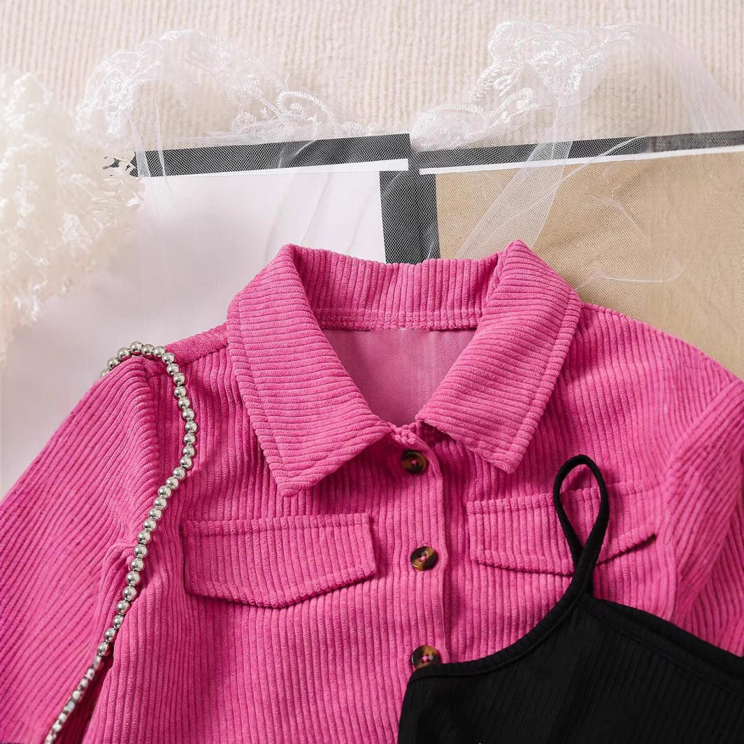 💖Manteau Velours Côtelé, Jupe & Top Bretelle (3 Pièces)