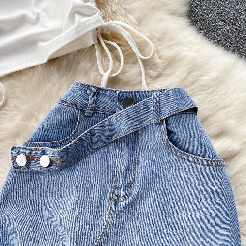Women's Fashion Pleated Tie Crossbody Vest Irregular Raw Hem Denim Skirt Two-piece Set