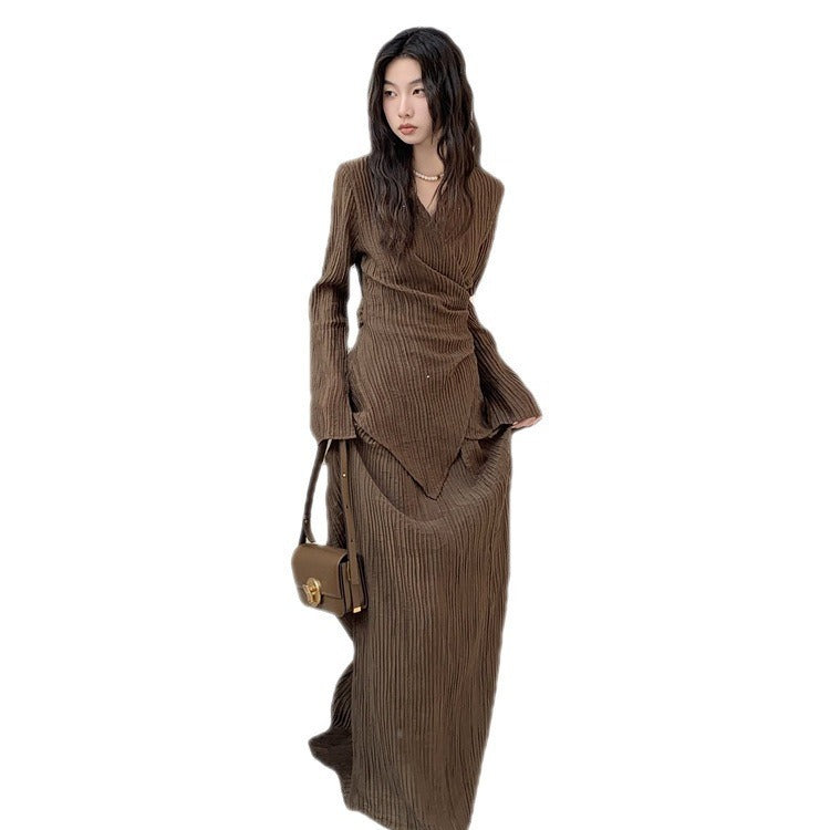 💃 Amsata– Ensemble Cardigan Plissé et Jupe Taille Haute