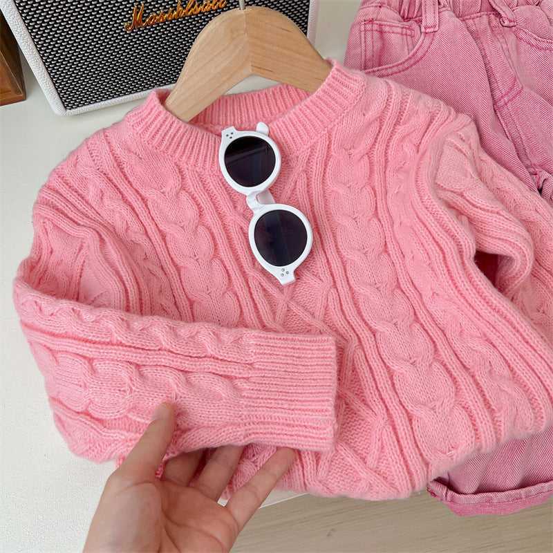Look Douillet Rose Pull Tricoté & Jean Confort Fille