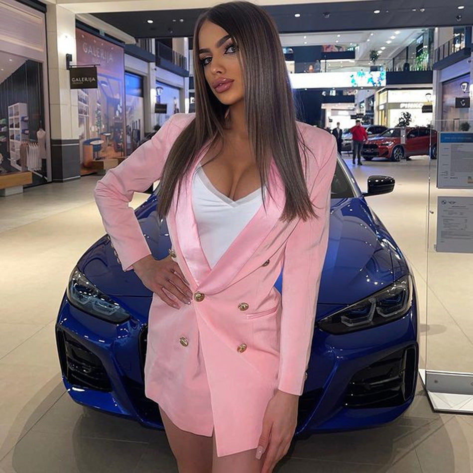 Long Sleeve Deep V-neck Elegant Suit Double Breasted Thickened Shoulder Blazer