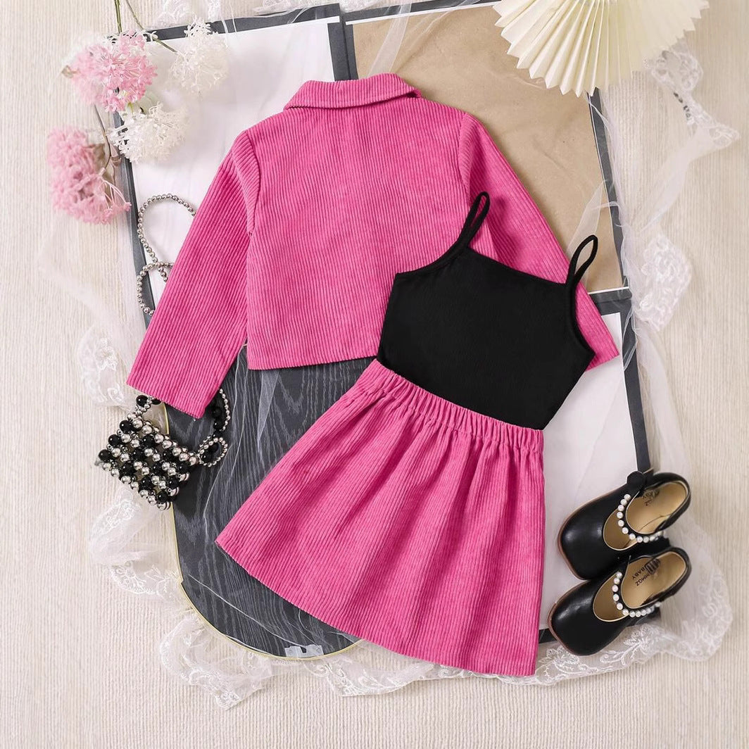 💖Manteau Velours Côtelé, Jupe & Top Bretelle (3 Pièces)