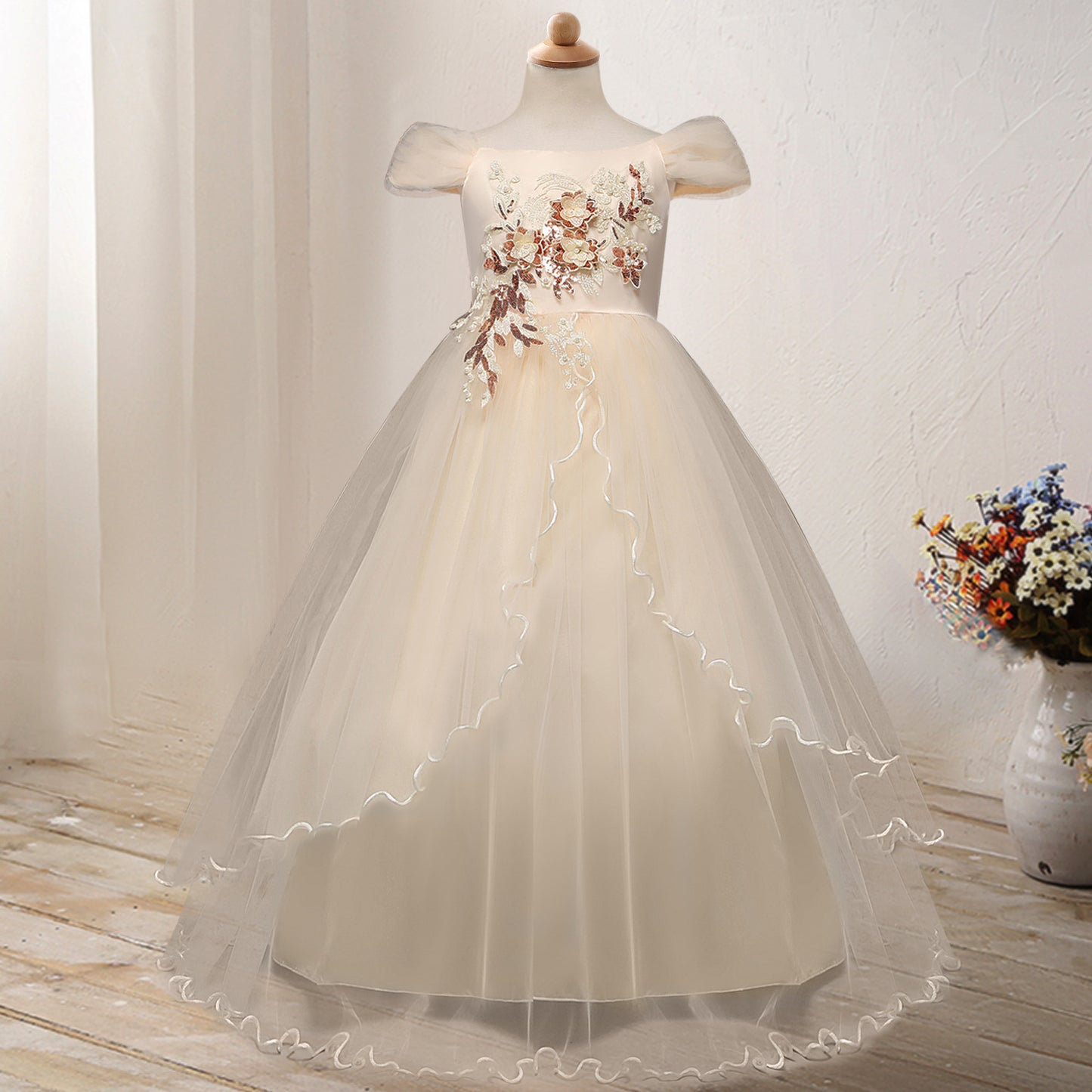 👑 Robe Princesse Épaule Dénudée – Fleur Élégance Fille