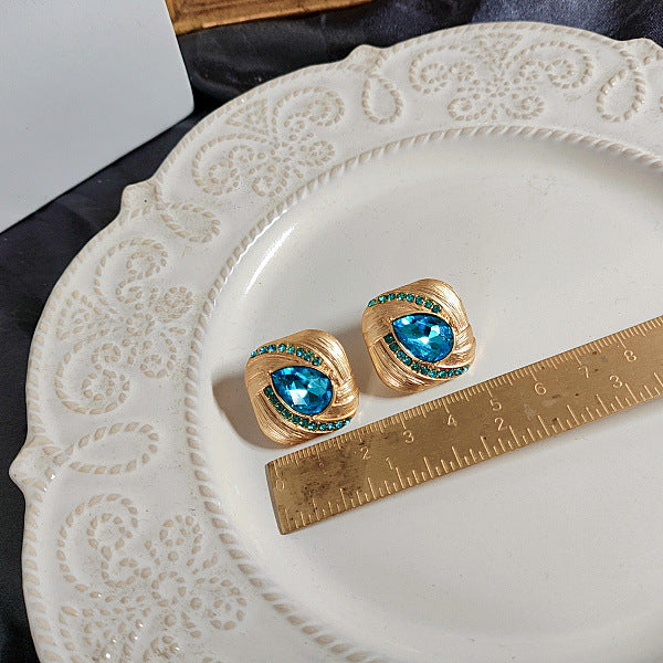 Blue Bright Crystal Oval Stud Earrings Wheat Plain Gold Necklace