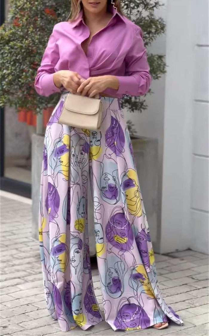 Lapel Long Sleeve Shirt Print Pants Two Piece Set
