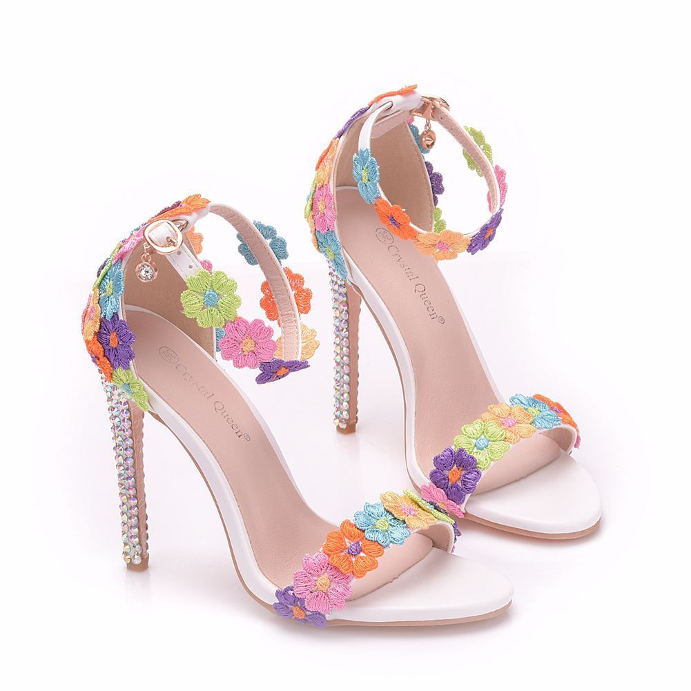 Temperament Word Strap Stiletto Sandals White Lace Wedding Shoes