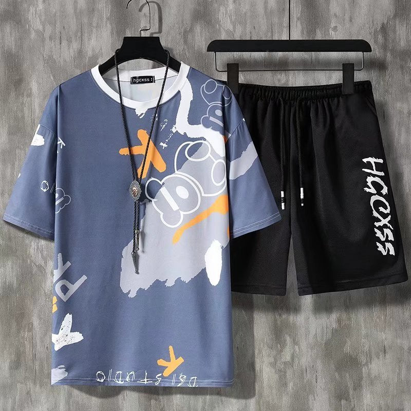 Summer Ice Silk Men's Short Sleeve Shorts Suit