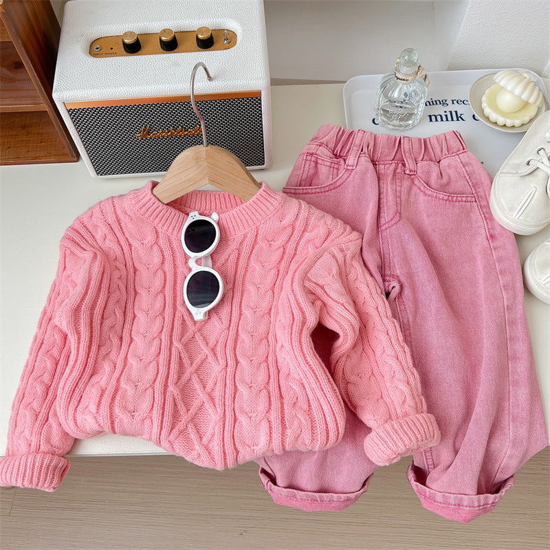 Look Douillet Rose Pull Tricoté & Jean Confort Fille