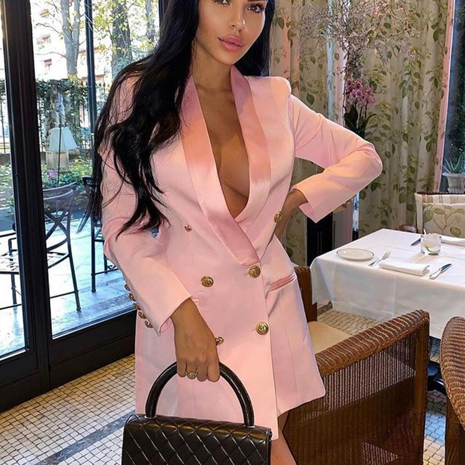 Long Sleeve Deep V-neck Elegant Suit Double Breasted Thickened Shoulder Blazer