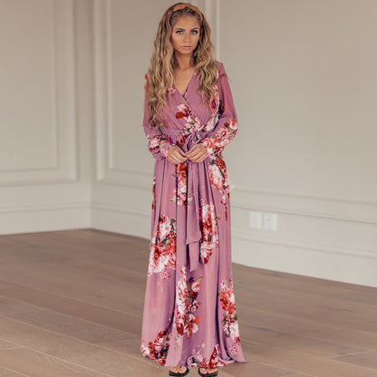 Women's Plus Size New V-neck Long-sleeved Floral Knitted Dress