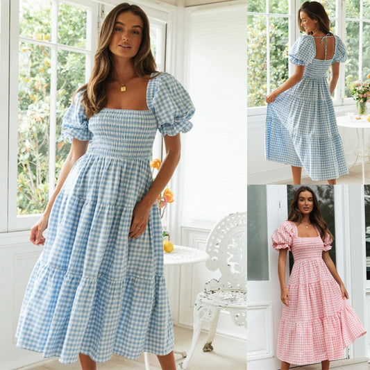 Douce Brise à Carreaux – Manches Bouffantes & Taille Haute