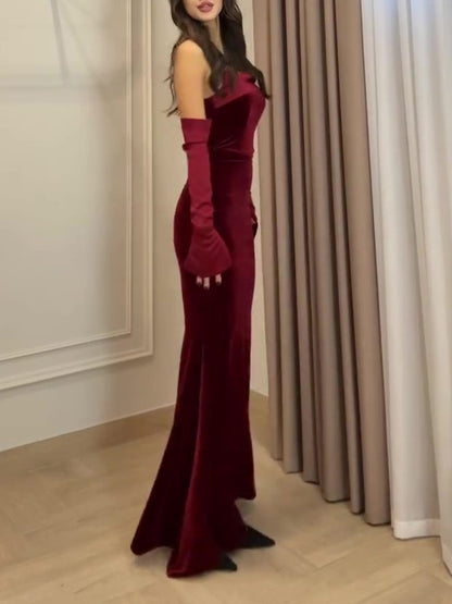 Robe Velours Bustier Bordeaux Longue