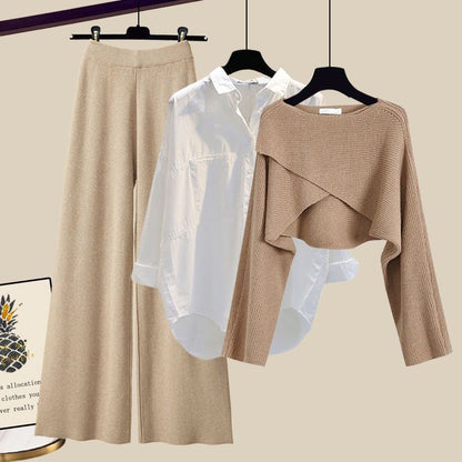 👑 Zeynab– Ensemble 3 Pièces Pull Tricoté, Chemis et Pantalon Large