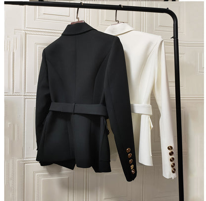 Women's Belt Metal Buckle Black And White Two Color Pocket Slim Small Suit Temperament Coat