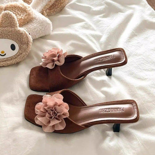 Mules Daim Floral Talon Carré