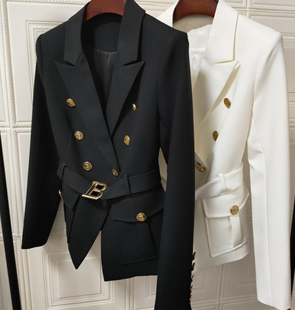 Women's Belt Metal Buckle Black And White Two Color Pocket Slim Small Suit Temperament Coat