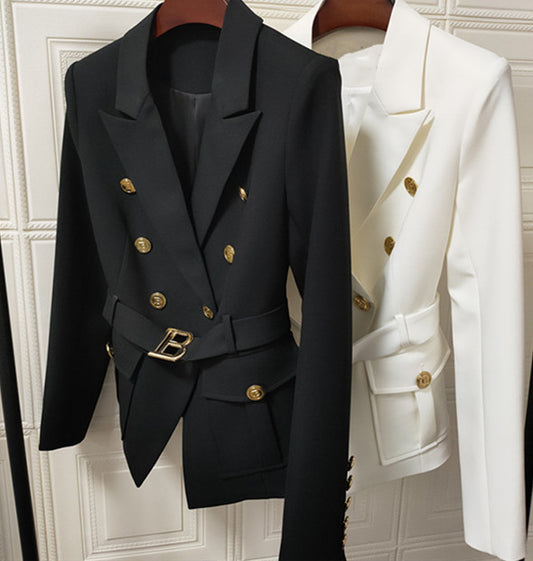 Women's Belt Metal Buckle Black And White Two Color Pocket Slim Small Suit Temperament Coat